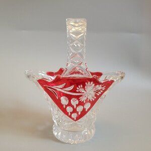 MINT ANNA HUTTE 24% CRYSTAL BASKET VASE RUBY RED FLASHED ON SIDES BLEIKRISTALL
